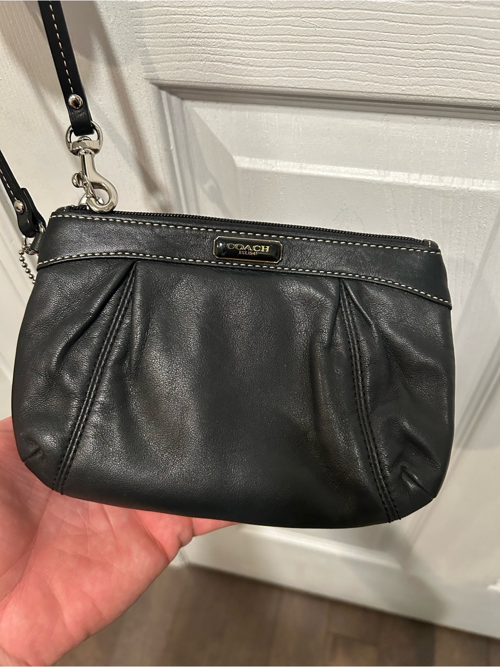 Coach Black Leather Wristlet with Silver Hardware